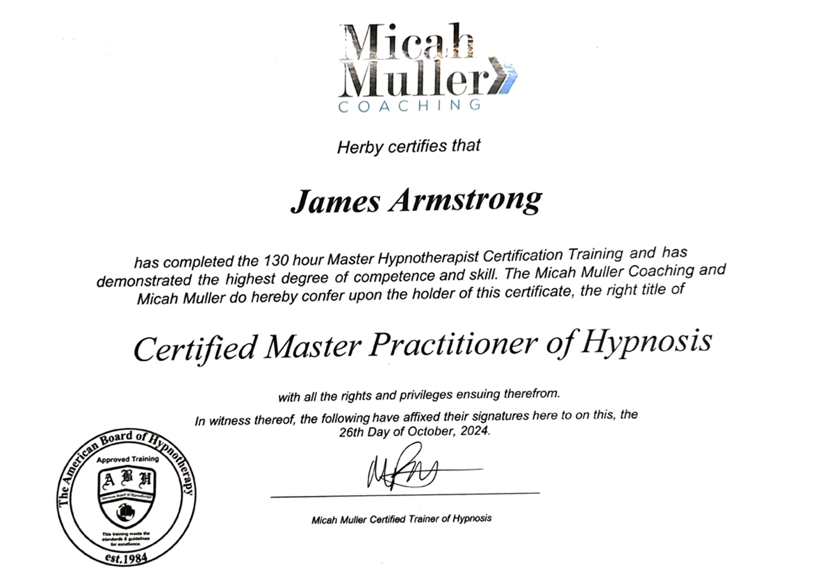 Hypnotherapy Master Practitioner Certificate - October 2024